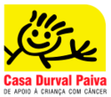Logotipo da casa durval paiva. Um garoto desenhado como um desenho infantil num fundo amarelo e em baixo escrito 'Casa Durval Paiva - de apoio a criança com câncer'.